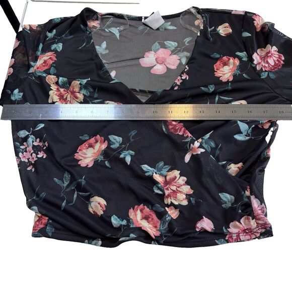 Vintage 90's Windsor Wrap Top Black Floral Gypsy Crop Top Bohemian Women's M - Picture 6 of 9